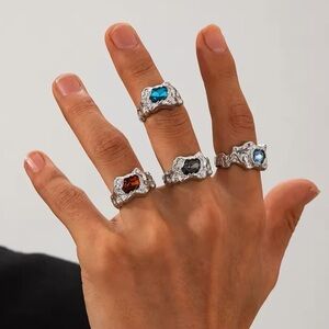 Vintage Faro Elegant Silver Colorful Gemstone Adjustable Ring Set